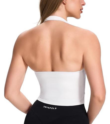 JOYSPELS White Halter Workout Tank Top Built in Bra Buttery Soft Longline Sports Bra for Yoga Pilates Gym Casual Wear