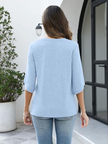 Image of TICTICMIMI Womens Tops 3 /4 Length Sleeve V Neck Casual Trendy Button Tunic Tops Summer Basic T-Shirts Loose Fit Pullover