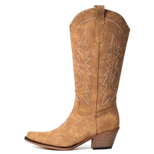 Image of Women's Pointed Toe Mid Calf Cowboy Boots - Cowgirl Boots with Chunky Heel