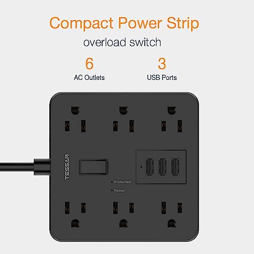 Surge Protector Power Strip Black, TESSAN 5 Ft Extension Cord with 6 Outlets 3 USB Charger, 1700J Flat Plug Desktop Charging Station for Home, Office, School, College Dorm Room Essential - Image 3