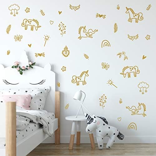 Unicorns and Rainbows Wall Decals Peel and Stick for Kids, Baby Bedroom Nursery and Living Room. 40 pcs Vinyl Wall Stickers Decor (Gold) image 3
