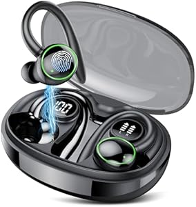Auriculares Inalámbricos Deportivos, Auriculares Bluetooth 5.3 con 4 HD Mic, HiFi Estéreo Cascos Inalambricos, Auriculares Running con Gancho, 48H/LED Reducción de Ruido Cascos, IP7 Impermeable, Negro
