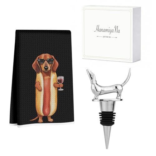 Image of Hanamiya Na Funny Dachshund Kitchen Towels with Wine Bottle Stopper 24x14 Inch, Dachshund Gifts Reusable Dish Towels for Kitchen Bars Decor, Wine Gift Weiner Dog Gifts for Women Men