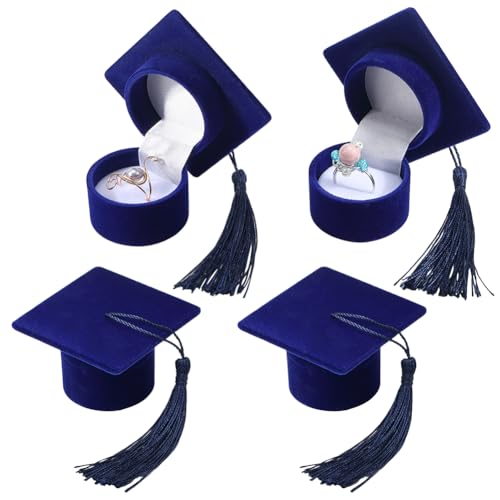 SUNNYCLUE 4 Caja de Almacenamiento de Joyas de Graduación Caja de Joyería de Terciopelo Azul A Granel Caja de Exhibición de Anillos Pendientes Gorras de Doctorado Cajas con Esponja En el Interior