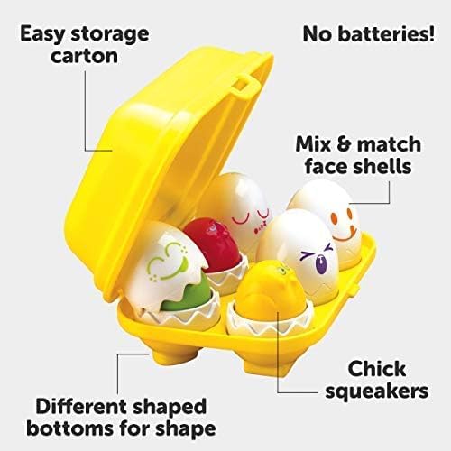The Toomies Piou Piou Surprise Egg Toy set, showing the egg carton with eggs inside, highlighting features like easy storage, mix & match face shells, chick squeakers, and different shaped bottoms for shape sorting.