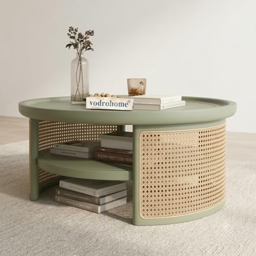 Image of Rattan Coffee Table - Cane Center Table with Shelf for Storage - Bohemian Solid Mango Wood Coffee Table for Office and Living Room C#042 (Sage Green)