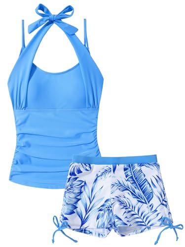Girls Two-Piece Halter Tankini Swimsuit Set - Girls Bathing Swim Suit Beach Outfit Stylish Summer Swimwear for 11-12 Years Blue
