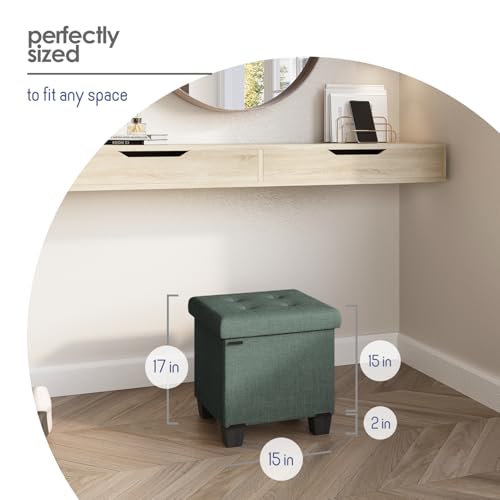 Storage Ottoman Cube with Small Bin, 15-in Square Ottoman with Storage for Living Room and Bedroom, Small Ottomans Foot Rest, Fabric Foot Stools Ottomans Max 330lbs, Green by STORAGEBUD - Used condition - Image 8