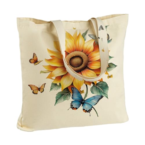 ANNA QUEEN Butterfly Flowers Canvas Tote Bag 13.7 x 15.7 inches, Reusable Shoulder Bag, Cotton Polyester, Casual Style