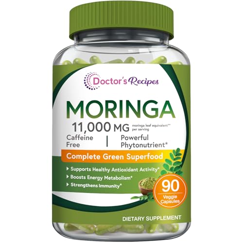 Doctor's Recipes Moringa 11,000 mg Strength, Complete Green Superfood, Natural Antioxidant Support, Non-GMO, 90 Vegan Caps, No Caffeine Soy Gluten