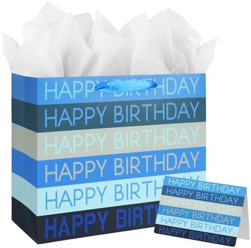 13″ Large Happy Birthday Gift Bag with Tissue Paper,Card and Handles for Men Boy Kid Birthday Party (Blue Stripes)