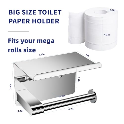 Chrome Toilet Paper Holder Wall Mount, Fits Mega Rolls Size Sliver Toilet Paper Holder with Shelf, Rustproof Stainless Steel Toilet Roll Holder, Self Adhesive Toilet Paper Holders Chrome