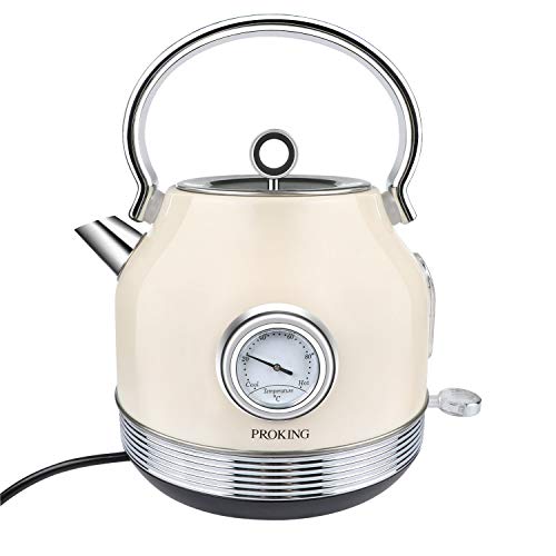 PROKING Hervidor Eléctrico, Hervidor de Agua Hervidor de Acero Inoxidable de 2200 W 1.7L, Pantalla de Temperatura, sin BPA, Hervidor de Té Retro,Filtro Antical, Apagado Automático (Beige-1)