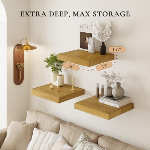 Image of 16 inch Wall Floating Shelves, Set of 3, Natural Wood | 16 inchL x 12 inchD x 1.8 inchH, Set of 3, Solid Paulownia Wood, Natural Finish, Hidden Brackets, Hardware Included