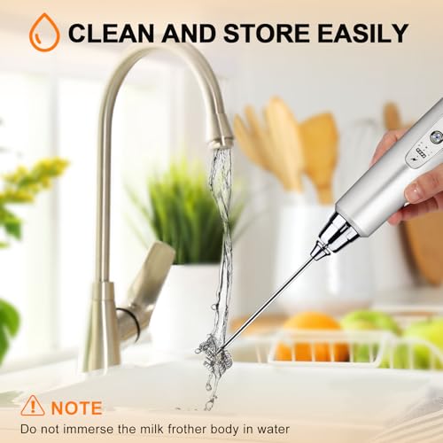 YUSWKO Silver Rechargeable Milk Frother for Coffee with Stand, Handheld Drink Mixer with 3 - image 7