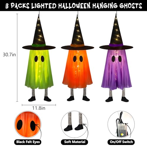 DAZONGE Halloween Decorations Outdoor, 3 Packs Hanging Ghost Halloween Decor with String Lights Battery Operated, Ghost Decor with with Hat for Home Yard Porch の商品画像 2