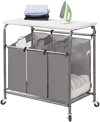 STORAGE MANIAC 3-Section Laundry Sorter with Foldable Ironing Board, Heavy-Duty Rolling Laundry Cart with and Removable Bags, Triple Laundry Hamper with Wheels, Dark Grey