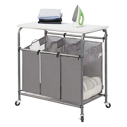 STORAGE MANIAC 3-Section Laundry Sorter with Foldable Ironing Board, Heavy-Duty Rolling Laundry Cart with and Removable Bags, Triple Laundry Hamper with Wheels, Dark Grey