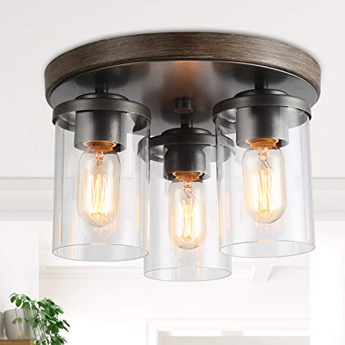 Laluz Farmhouse Flush Mount Ceiling Light, Rustic Ceiling Light Fixture In Faux Wood And Black Metal Finish With 3 Clear Glass Shades, Vintage Style For Foyer, Hallway, Kitchen, Dining Room #TOP22