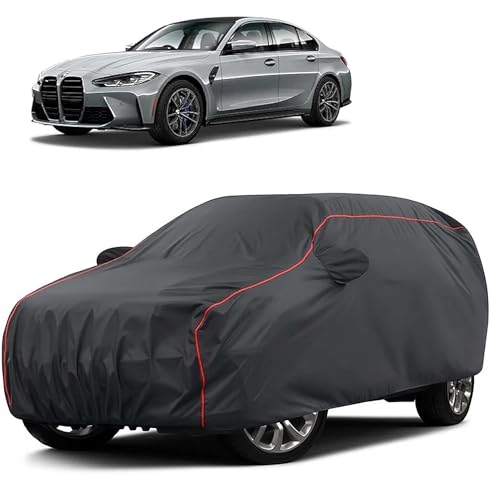Image of Sulfar 100% Water Resistant Car Body Cover Compatible with Mirror for BMW M3 (Triple Stitched, Full Bottom Elastic, Dark Grey Taffeta with Red Piping)