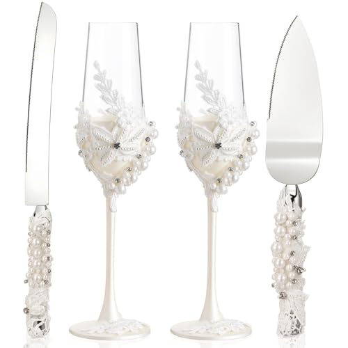 Boao Pearl Wedding Champagne Flutes and Cake Knife Server Set of 4, Champagne Flutes Toasting...