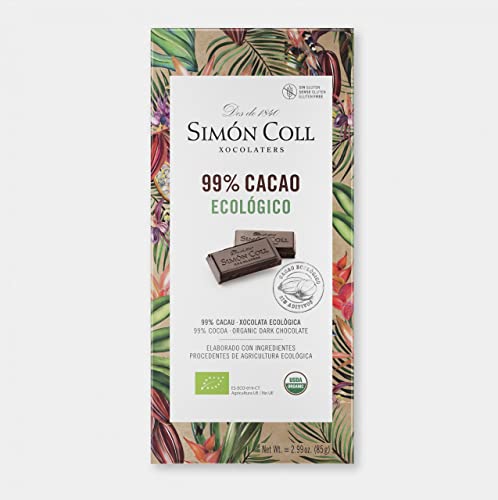 Simón Coll - Pack 12 Tabletas de Chocolate Ecológico Negro Puro 99% Cacao (85gr x unidad) – Sin Gluten