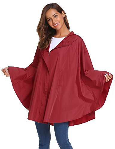 SoTeer Women's Rain Slicker Ladies Waterproof Packable Lightweitht Dressy Poncho Raincoat Red L