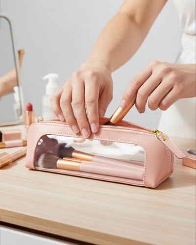 Image of Clear Pencil Case for Girls,Leather Travel Makeup Bag for Purse Portable Transparent Waterproof Cosmetic Organizer Pouch with Zipper