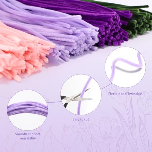 Pfeifenreiniger Blumen Set, 300 Stück Pfeifenputzer zum Basteln, Pfeifenreiniger zum Basteln, mit Grüne Bastelfaden, Klebeband, Geschenkpapier für Blumenstrauß DIY, Violett