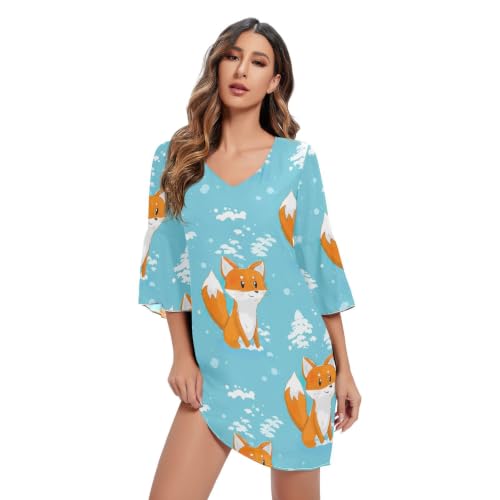 Robe mousseline col V anti-chaleur imprimé renard bleu de plage