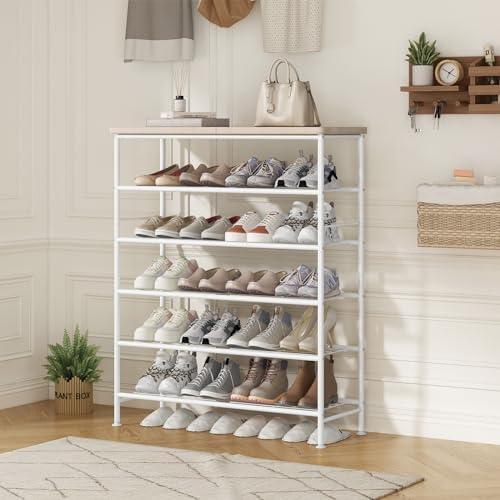 Image of SUOERNUO Shoe Rack Organizer 6 Tier for Closet Entryway Free Standing Metal Storage Shoe Shelf with MDF Top Board,White+Oak