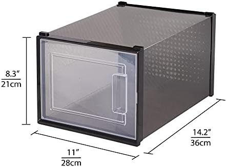 Meerveil Plastic Shoe Box, Stackable Shoe Boxes, L Size Up to UK 11, Shoe Boxes Set of 12, 36×28×21cm, Shoe Organizer with Door, DIY Easy Assembly, Black