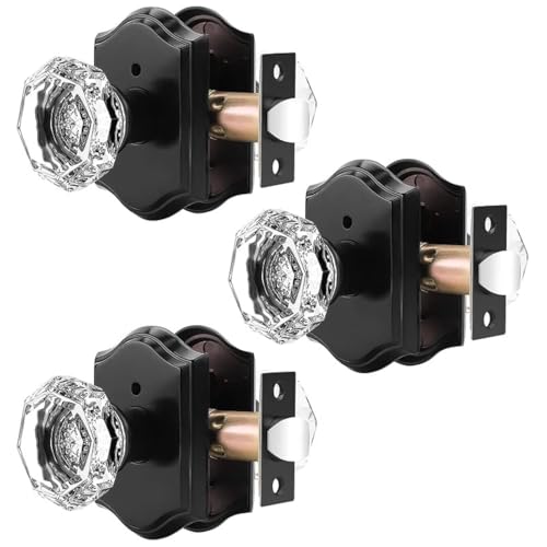 Orger Octagonal Crystal Door Knobs 3 Pack, Interior Privacy Door Handle for Bed/Bathroom with Pin Lock Inside, Black Vintage Rosette Door Knob with Heavy Duty Genuine Glass