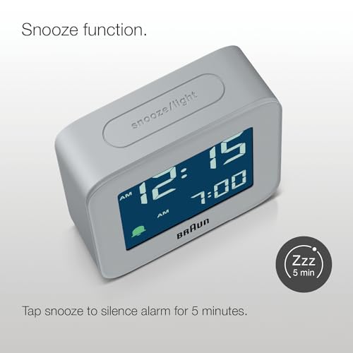 Image of Braun Plastic Digital Travel Alarm Clock with Snooze, Compact Size, Negative LCD Display, Quick Set, Crescendo Beep Alarm in Grey, Model BC08G.