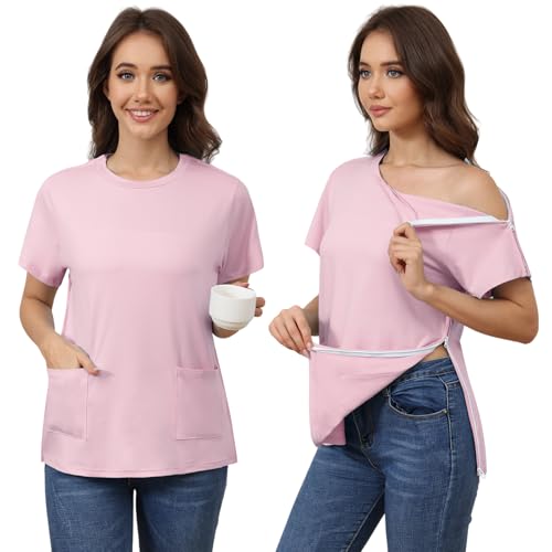 Liokoc O-Dual Zipper Shoulder Surgery Shirt for Women Adaptive Top with Pockets Rotator Cuff Recovery Shirt Pink