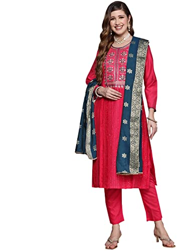 Image of ishin Women's Pink Embroidered A-Line Kurta set With Trouser and Dupatta