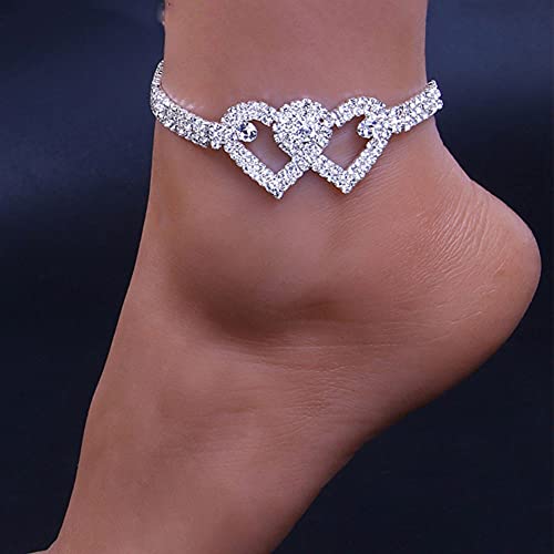 Stonefans Rhinestone Heart Ankle Bracelets For Women Girls, Crystal Tennis Anklet Bracelet Multi-Row Love Ankle Foot Jewelry Hip Hop Party Gifts (Silver) #TOP3