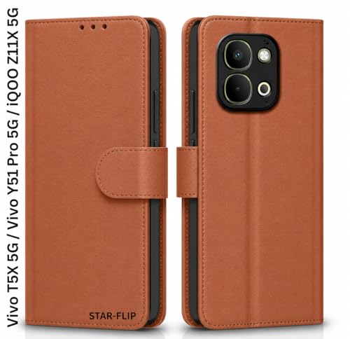 Image of Cover for Vivo T5x 5G / Y51 Pro 5G / iQOO Z11x 5G, Wallet Style, Leather Finish, Magnetic Closure, Inbuilt Stand, Card Pocket (Tan)