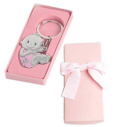 Lote 15 llaveros niña con chupete rosa. Grabado con nombre y fecha del evento. Con caja y lazo rosa. Recuerdo para Bautizo