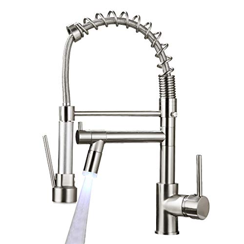 AIMADI Commerical Kitchen Faucet with Sprayer,Single Handle Pull Down Sprayer Kitchen Sink Faucet with LED Light Two Spout,Brushed Nickel by AIMADI - Used condition - US$69.95