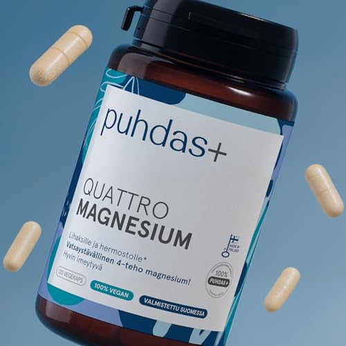 puhdas+ Quattro Magnesium | Hochdosiert | 60 vegane Kapseln | Magnesium-Komplex aus Magnesiumtaurat, Magnesiummalat, Magnesiumcitrat & Magnesiumhydroxid | Hergestellt in Finnland