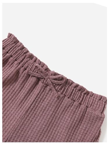 Image of RoseSeek Girl's 2 Piece Outfits Waffle Knit Scoop Neck Button Down Crop Tank Tops Paperbag Waist Track Shorts Redwood 13Y