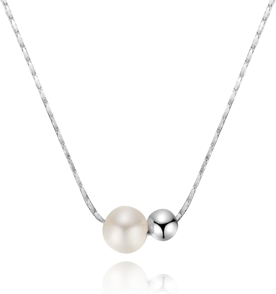 AAA+ S925 Sterling Silver Freshwater Cultured Single Pearl Necklace 0.27Inches Pearl Pendant Necklace Chain Length 15Inches Extension Chain 2Inches With Silver Beads 0.15Inches