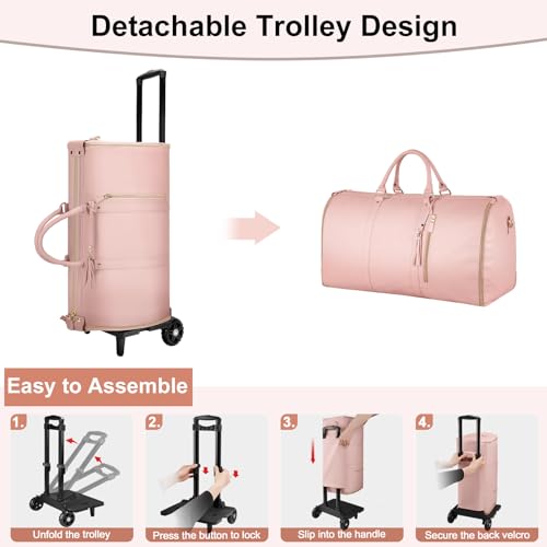 Image of Carry on Garment Bag, Large PU Leather Garment Bags for Travel with Shoe Pouch, Pink, Roller