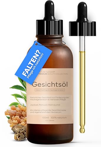 Bio Gesichtsöl mit Jojobaöl, Rizinusöl & Weihrauch – Glättet & Pflegt Trockene Haut – Anti Aging Pflege für Strahlenden Teint & Alle Hauttypen (100ml)