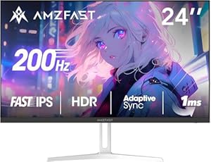 Amzfast 24 Pouces Ecran PC Gamer- 200Hz, FHD 1920x1080, Fast IPS Écran, 1ms MPRT, 80% DCI-P3, 110% sRGB, Anti-Lumière Bleue, HDR, Adaptive Sync, VESA 75x75, HDMI 2.0/DP 1.4, Blanc - AMZG24X1W