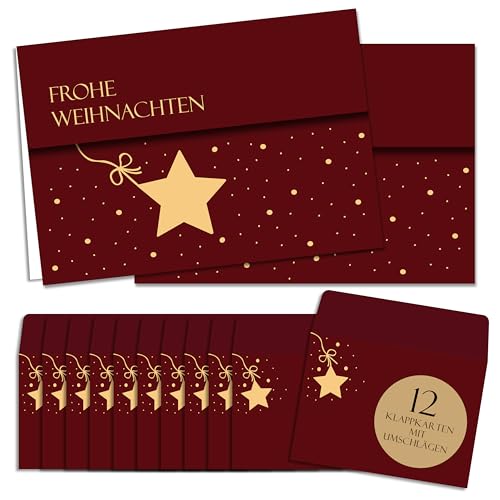 BIROYAL Weihnachtskarten mit Umschlag Set 12 Stück - A6 Klappkarten Weihnachten - Goldprägung...