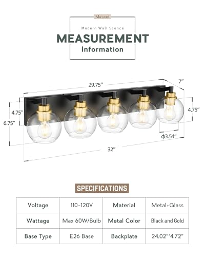 Image of Bathroom Light Fixtures, 5-Light Black and Gold Bathroom Vanity Light, 32 Inch Modern Wall Sconces with Globe Clear Glass Shade, Vanity Lighting Fixtures Over Mirror, VL195-KG-5
