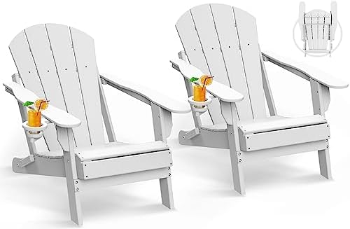 GREENVINES Folding Adirondack Chairs Set of 2, HDPE All-Weather Fire Pit Chairs with Cup Holder, Plastic Campfire Chair for Deck Backyard Patio Outdoor Poolside Porch Lawn Outside, White