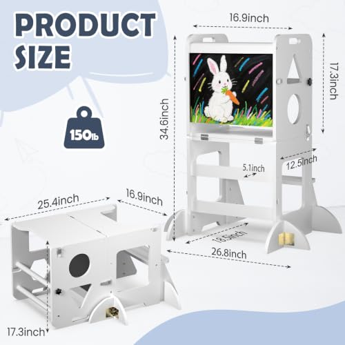 Image of Toddler Standing Tower Anti-Tip Wooden Kitchen Step Stool Helper，White